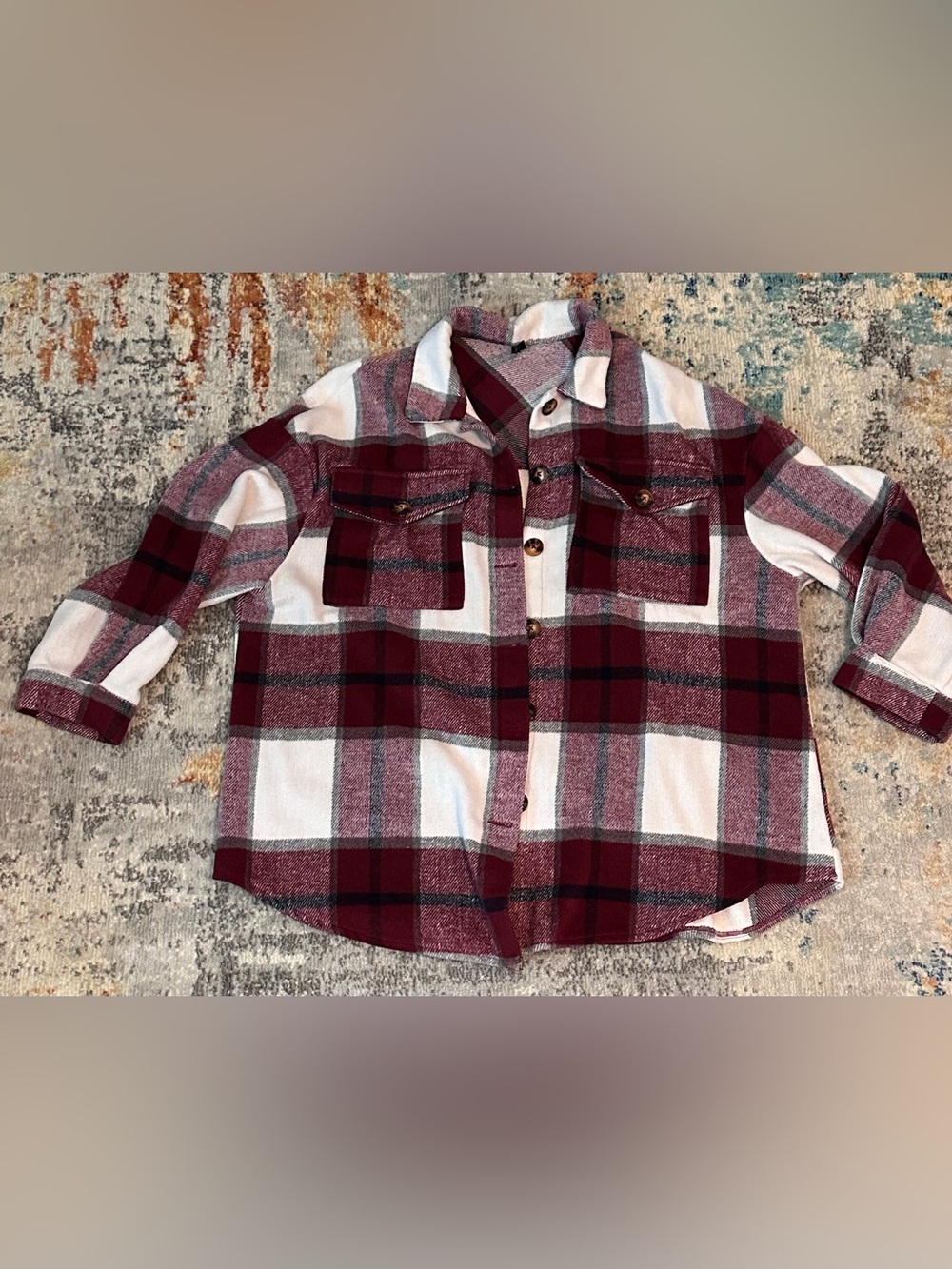 SHEIN women’s  Burgundy & White Plaid Button-Up shaket